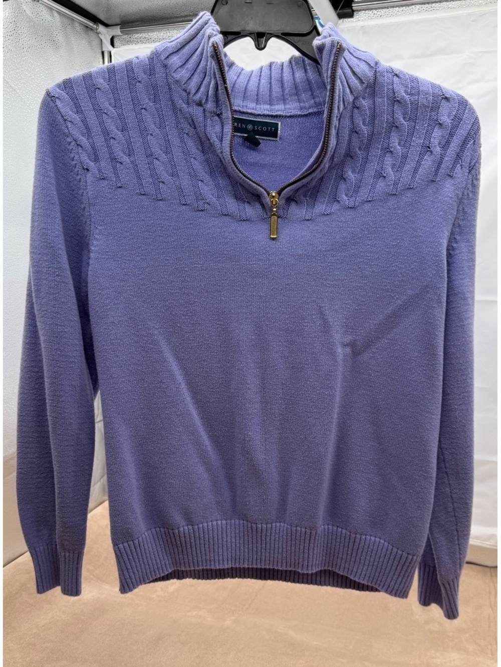 Karen Scott Lavender Cable Knit Half-Zip Pullover Sweater, Large